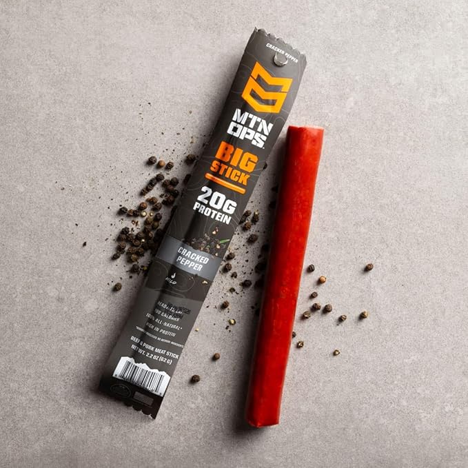 MTN OPS Big Stick High Protein Meat Sticks - 20g Protein, 10% Collagen - Cracked Pepper Flavor - Individually Wrapped Beef Snacks - 10 Count Carton