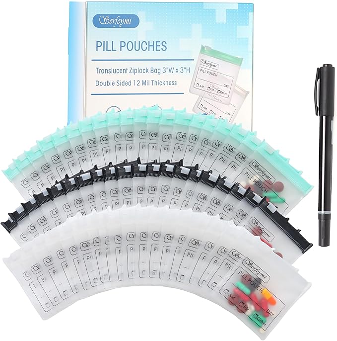 Serfeymi 114 Pcs Pill Pouch Bags for Travel Reusable Plastic Bags 3"x3" 12 mil (Double Sided) Translucent Zipper Pill Pouches for Medicine with Slide Lock & Writable Label, 1x Marker-White+Black+Green