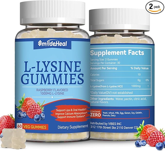 2 Pack L-Lysine 1000mg Gummies, Chewable Lysine Supplement for Adults, Immune Support, Collagen Formation Support, Vegan, Gluten Free - 120 Counts