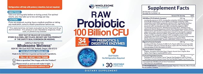 Wholesome Wellness Organic Raw Probiotics 100 Billion CFU, Dr Formulated for Women and Men, Complete Adult Supplement with Prebiotics and Digestive Enzymes; 30 Capsules, Shelf Stable