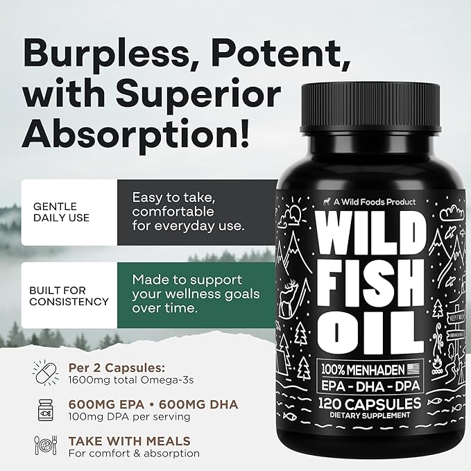 Wild Foods Omega 3 Fish Oil Supplement, 120 Capsules (1 pk) | Wild Caught, Burpless, Odorless, Non-GMO, Gluten Free | DPA, DHA, EPA Triple Strength Heart & Joint Nutrition for Women & Men