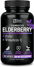Zeal Naturals Max Strength Elderberry Capsules - 500mg, 100 Capsules | Sambucus Black Elderberry, Vitamin C, and Zinc | 3-in-1 Immune Support Supplement for Adults