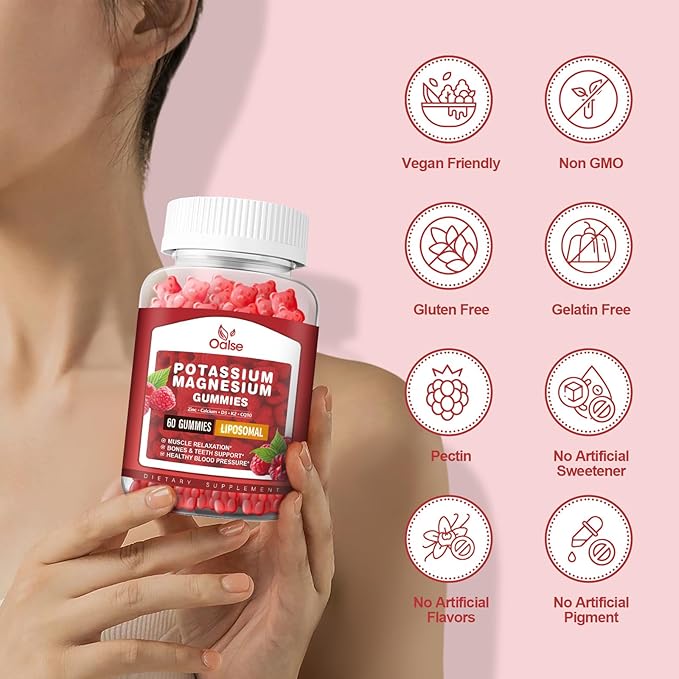 (2 Pack) Potassium Magnesium Gummies for Adults Kids, High Absorption Potassium Citrate 200mg Magnesium Glycinate 400mg, Chewable Gummy Supplements for Leg Cramps & Muscle, Raspberry
