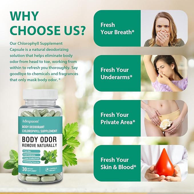 Chlorophyll Capsules Internal Body Deodorant Supplement for Women and Men for Gut Health, Fresh Breath, Skin Health, Detox & Digestion Support, Natural Odor Remove, Vegan, Non-GMO-30 Capsules