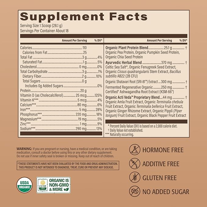 Women’s Plant Protein Powder, Chocolate, Pea Protein with KSM-66 Ashwagandha®, Organic SRI-81™ Shatavari & Acti Veda™ (20g Protein)