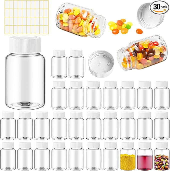 Lamoutor 30Pcs Clear Pill Bottle Plastic Medicine Bottle Empty Reagent Chemical Containers with Caps for Liquid Solid Powder Medicine 30ML