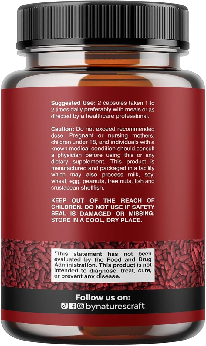 Natures Craft Red Yeast Rice with CoQ10 Supplement - Advanced Healthy Heart & Healthy Cholesterol Levels Formula for Men & Women - Red Yeast Rice Capsules with 1200 mg per Serving and CoQ10-120 Count