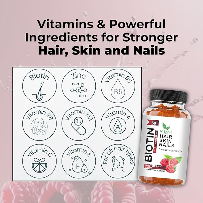 Mishas Nutraceuticals Hair Skin & Nails Gummies - Supports Healthy Hair - Vegan biotin Vitamins for Women & Men Supports Faster Hair Growth, Stronger Nails, Healthy Skin, Extra Strength 60 Counts