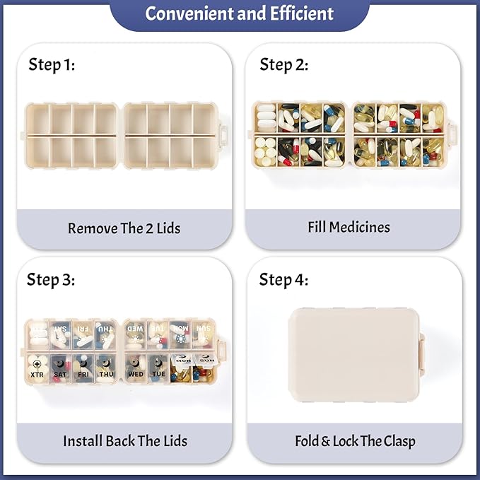 Foldable Weekly Pill Organizer 2 Times a Day with 2 Extra Compartments (Clear Printed Labels) - Portable 7 Day AM PM Medicine Box, Week Daily Travel Pill Case Holder for Vitamin, Supplement - Khaki