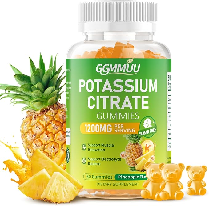 Potassium Citrate Gummies 1200mg, Chewable Potassium Supplement for Adults & Kids - Supports Muscle Health, Leg Cramps & Electrolyte Balance, Sugar-Free, Vegan, Pineapple Flavor, 60 Count