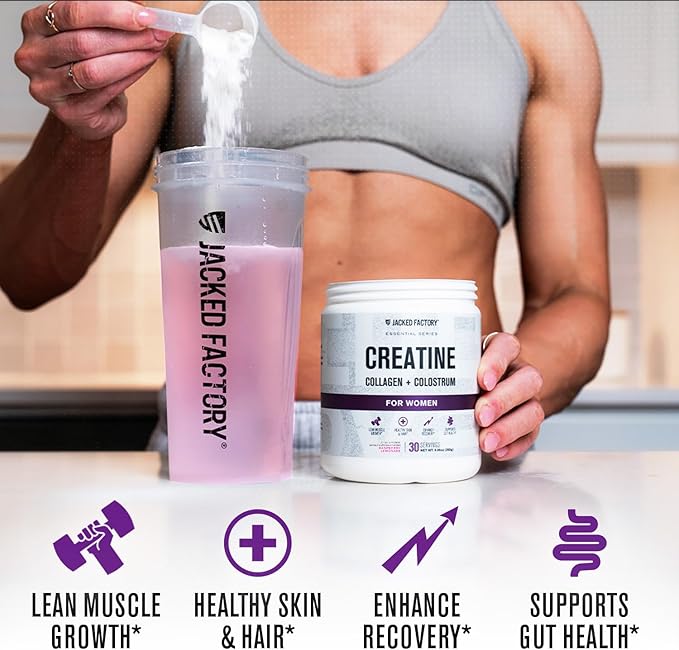 Jacked Factory Creatine for Women - Creatine Monohydrate with Collagen + Colostrum to Support Workout Performance, Lean Muscle Growth, Healthy Hair, Skin, & Nails - 30 Servings, Raspberry Lemonade