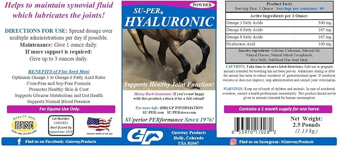 SU-PER Hyaluronic Joint Supplement for Horses - Supports Joints Health & Lubrication - Horse Hyaluronic Acid - 2.5 Pound