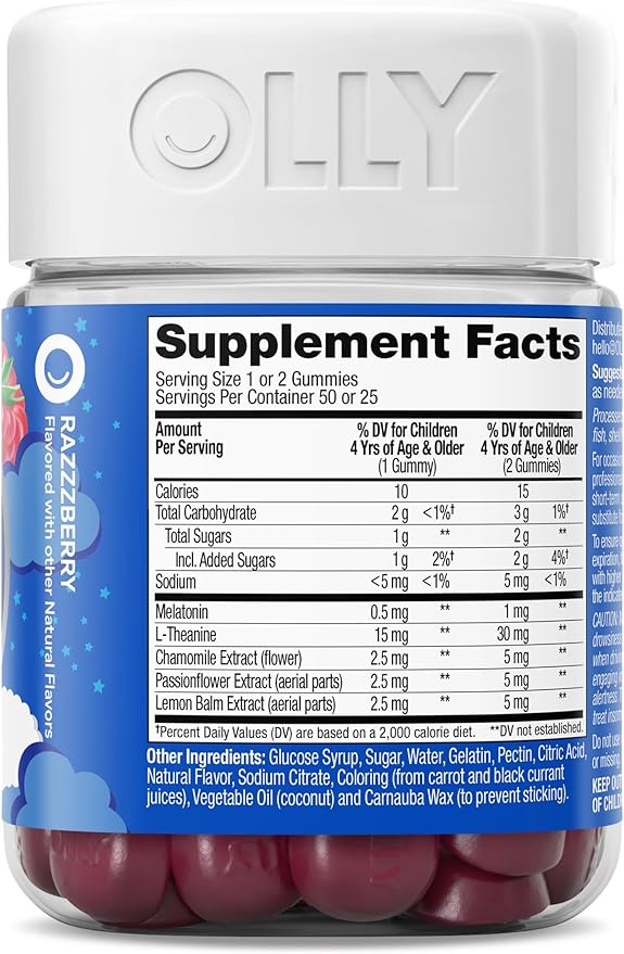 OLLY Kids Sleep Gummy, 0.5mg Melatonin, L Theanine, Chamomile, and Lemon Balm, Childrens Chewable Supplement, Raspberry - 50 Count