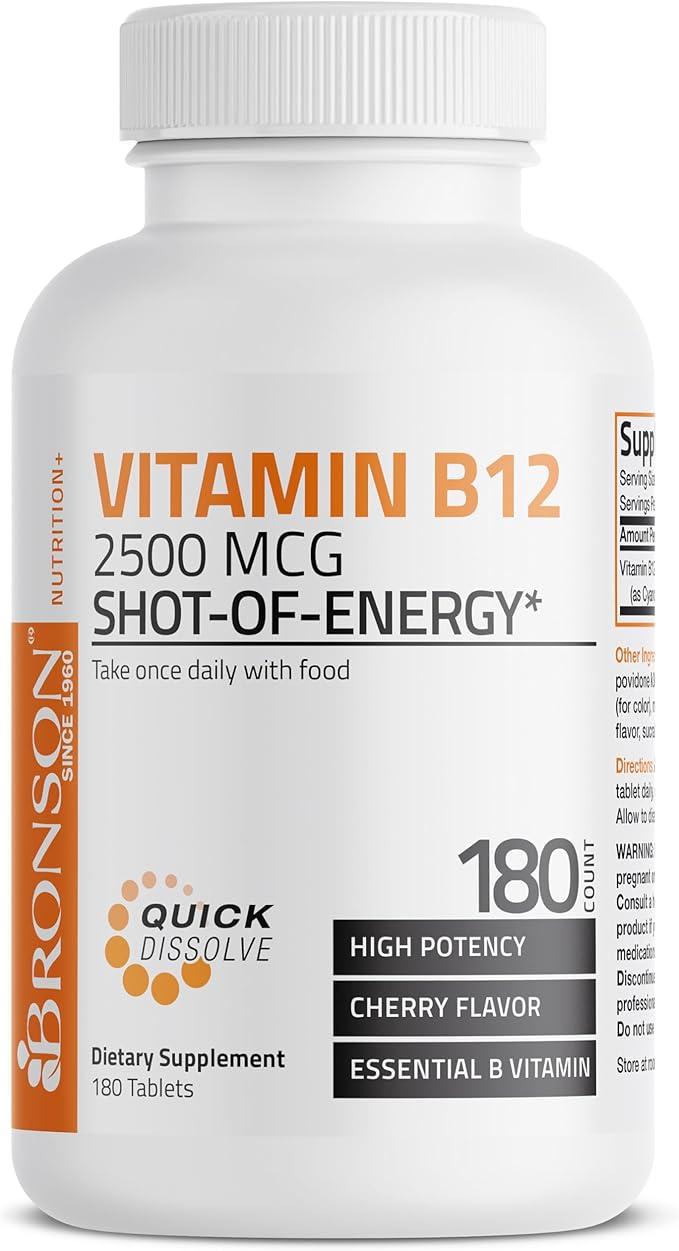 Vitamin B12 2500mcg Shot Of Energy Fast Dissolve Chewable Tablets - Quick Release Cherry Flavored Sublingual B12 Vitamin - Supports Nervous System, Healthy Brain Function Energy Production – 180 Count