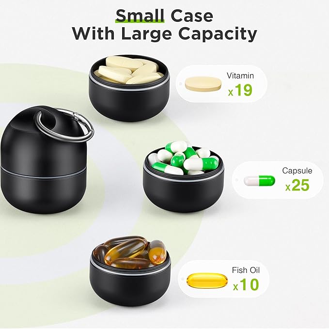 Zannaki Small Portable Single Pill Box Keychain - Metal Daily Travel Pill Organizer Case, Waterproof Pill Holder Bottle, Cute Medicine Vitamin Supplement Container Carrier for Pocket or Purse, Black