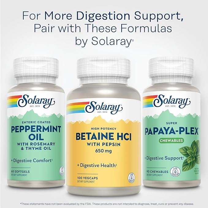 Solaray High Potency Betaine HCL with Pepsin - Hydrochloric Acid Supplement for Digestive Health - with Betaine Hydrochloride and Digestive Enzymes - Gut Health Support - 60-Day Guarantee, 100 VegCaps
