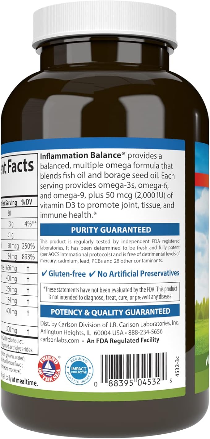 Carlson - Inflammation Balance, Balanced Omega-3 & Omega-6 Ratio, with D3, Norwegian, Wild-Caught Fish Oil Supplement with Fatty Acids, Sustainably Sourced Fish Oil Capsules, 180 Softgels