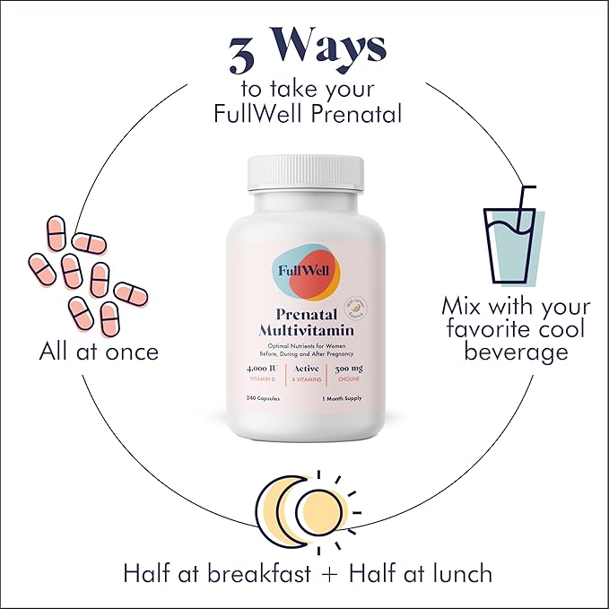 FullWell Women's Prenatal Multivitamin with Lemon Essence - Healthy Pregnancy Support - Contains Choline & Folate - Supports Fetal Growth & Brain Development* - 240 Count (60 Servings, 2 Pk)
