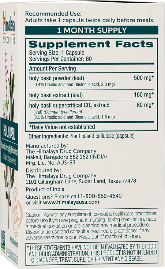 Himalaya Holy Basil - Herbal Adrenal Support for Stress Relief, Relaxation, Energy Support and Occasional Sleeplessness - Vegan, Non-GMO, Gluten Free, 720 mg, 60 Capsules