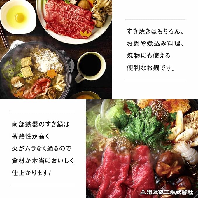 Ikenaga Ironware Nambu Ironware Sukiyaki Pot, Induction & Gas Fire, Made in Japan, Iron Pot, Stir-fry Food, Iron Supplement, 10.2 inches (26 cm), Sukiyaki, Irodori