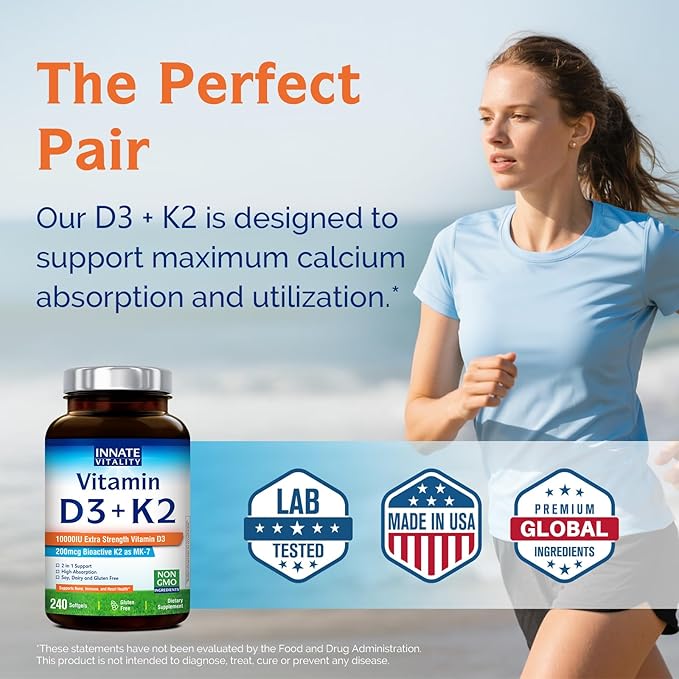 Innate Vitality Vitamin D3 K2 Supplement, High Potency Vitamin D3 10000 IU & Vitamin K2 (MK-7) 200 mcg, Supports Bone, Teeth, Heart & Immune Health, Non-GMO, Gluten Free, 240 Softgels