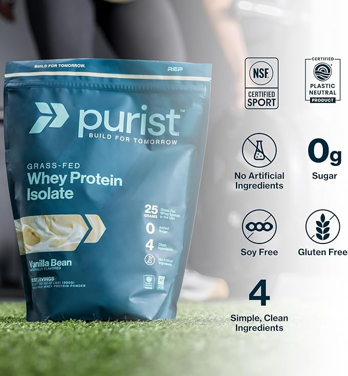 PURIST REP Whey Protein Powder, Premium Vanilla Grassfed Isolate,Workout Recovery, Keto Friendly, Clean Nutrition Meal Replacement, Promotes Lean Muscle, Sugar and Gluten-Free Women Men, 2 Lb