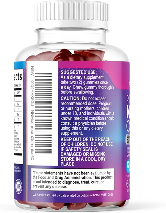Mushroom Gummies Supplement 12 in 1 - High Grade Blend for Adults with Lions Mane, Reishi, Cordyceps, & Chaga Mushroom Complex Gummy, Memory & Immune Support & Nootropic Brain Supplements - 60 Gummies