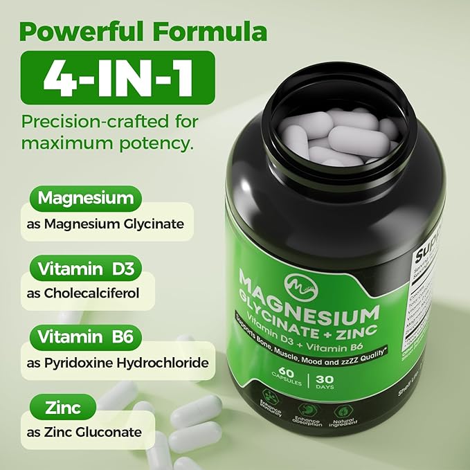 (2 Pack) Magnesium Glycinate Capsules, Magnesium Supplement with Zinc, Vitamin D3 & B6 - Highly Bioavailable and Absorption - Bone, Heart, Joint, Immune Support, 120 Vegan Capsules