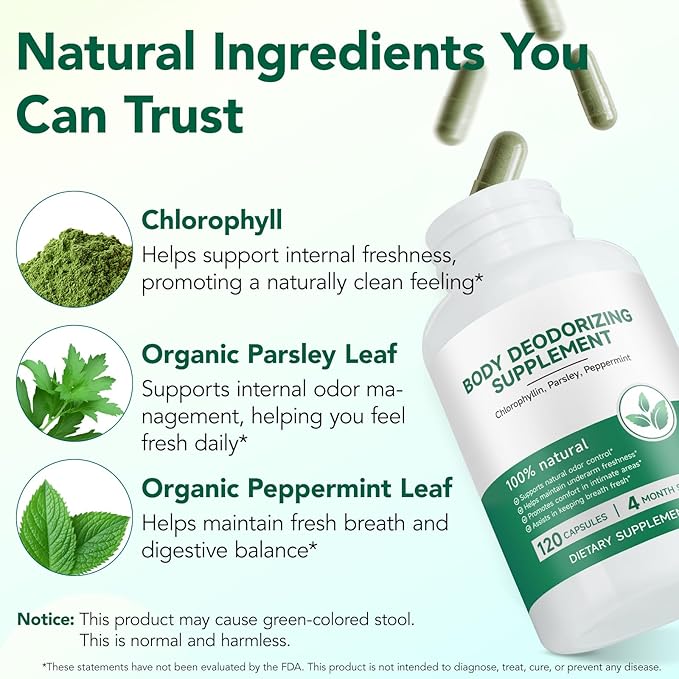 Chlorophyll Capsules Internal Deodorant Supplement, Natural Body Odor Control for Whole Body Freshness, Chlorophyll with Parsley & Mint for Breath, Gut & Digestive Support, Vegan, 120 Capsules
