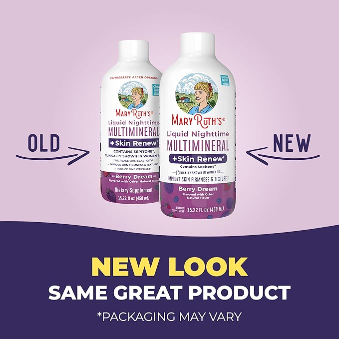 MaryRuth's Liquid Nighttime Liquid Multimineral + Skin Renew | Clinically Shown in Women to Reduce Fine Wrinkle & Improve Skin Firmness | Sepitone | NO Melatonin | Magnesium | Vegan | 15 Servings