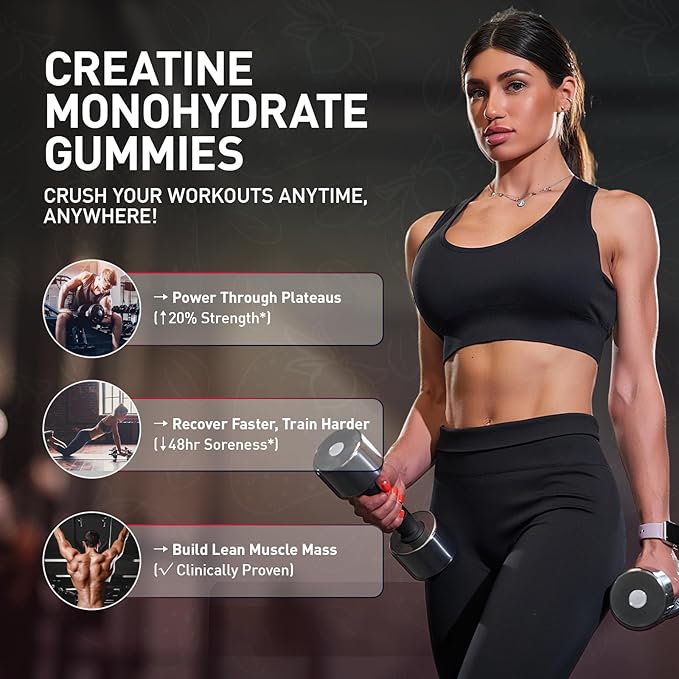 Creatine Gummies for Men & Women, Creatine Monohydrate Gummies, 5g Creatine per Serving, Gluten Free, Vegan Friendly, Strawberry Flavor, 120 Count