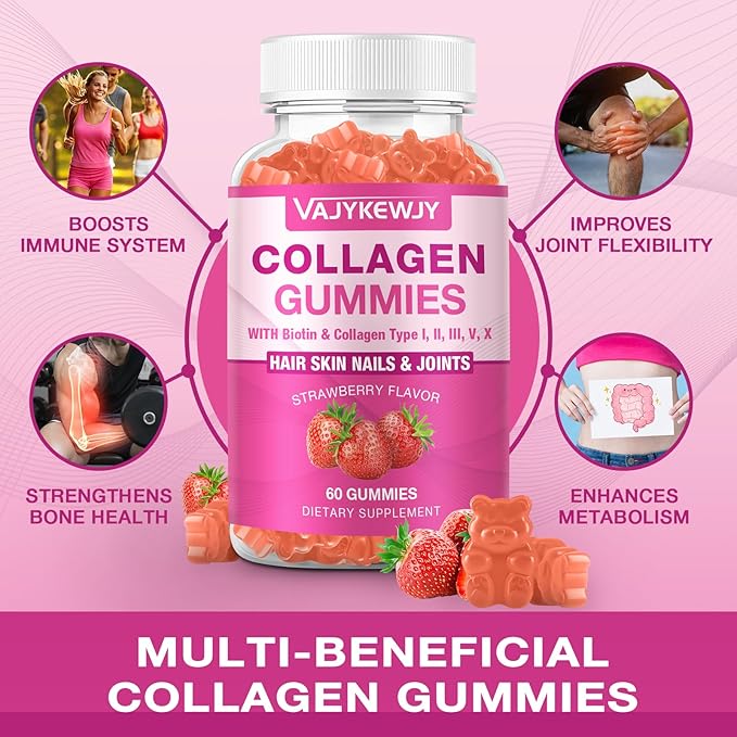 Vegan Collagen Gummies for Women & Men - with Biotin, Vitamin C, & Zinc for Skin Radiance, Hair Growth, Strong Nails, & Joint Support, 60 Count