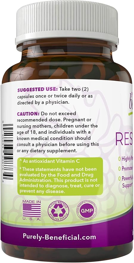 PURELY beneficial RESVERATROL1450-90day Supply, 1450mg per Serving of Potent Antioxidants & Trans-Resveratrol, Promotes Anti-Aging, Cardiovascular Support, Maximum Benefits(1bottle)