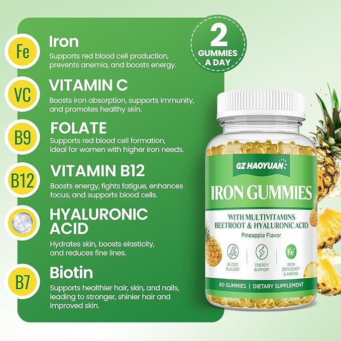 Iron Gummies with Multivitamin, Iron Supplement Gummies for Women & Men with Vitamin B Complex & C, Folate for Kids & Adults - Blood Builder, Energy, Iron Deficiency & Anemia Support Pineapple 120 ct