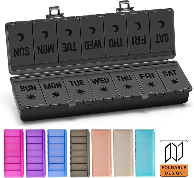 Foldable Pill Organizer 2 Times a Day w/Etched Labels -Dual Protection & Portable Weekly AM PM Pill Box, 7 Day Medicine Container, Large Travel Pill Case for Week Daily Supplement Vitamin - All Black