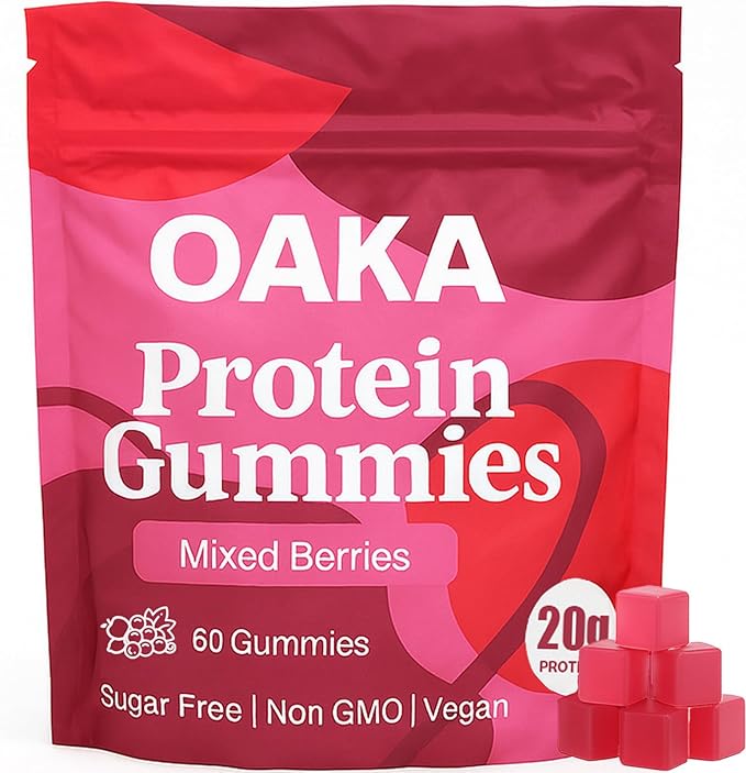 OAKA Protein Gummies, 20g Protein per Serving, Support Hair, Skin, Nails Health, Boost Energy, Protein Supplement for Women Men, Zero Sugar, Vegan, Mixed Berries Flavor, 60 Gummies