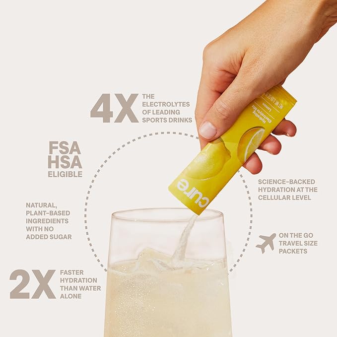 Cure Hydration | Plant-Based Electrolyte Drink Mix | No Added Sugar | FSA-HSA | Dehydration Relief Powder Made with Coconut Water | Non-GMO | Vegan | Pouch of 14 Packets - Lemonade