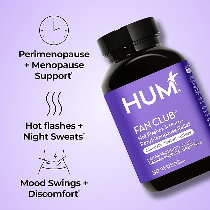 HUM Fan Club Menopause Probiotic Supplement, Estrogen Free Menopause Supplements for Women, Non Hormonal, Supports Energy & Hot Flashes, Grape Seed Extract & Siberian Rhubarb, 30 Vegan Capsules