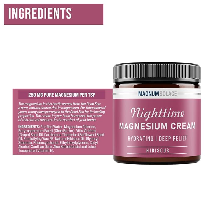 Magnum Solace Magnesium Lotion – Hydrating Nighttime Cream Apply to Legs, Arms or Chest - Topical Chloride USA Made and Safe for Kids (Hibiscus)