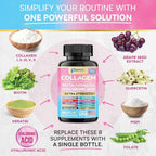 Collagen Peptides Types I, II, III, V & X, MCG Biotin, Keratin, Hyaluronic Acid, MSM, Zinc, Grape Seed Extract, Quercetin, Vitamin A, Vitamin C, Vitamin E, Magnesium, Folic Acid (180 Capsules)