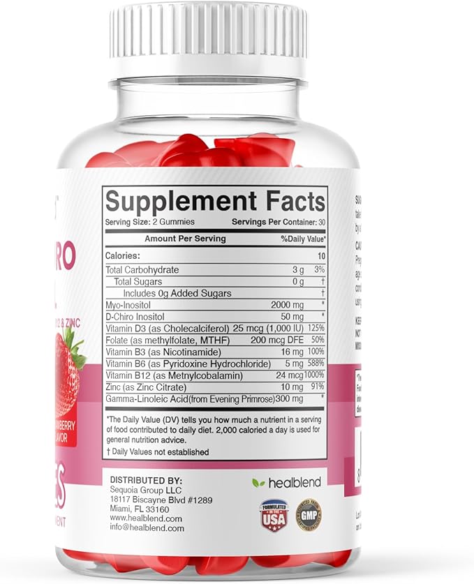 healblend Myo & D-Chiro Inositol Gummies - PCOS Support for Women, Hormone Balance, Fertility & Ovulation - with Methylfolate, Vitamin D3, Zinc, Evening Primrose - Strawberry, Sugar-Free, 60ct (1)