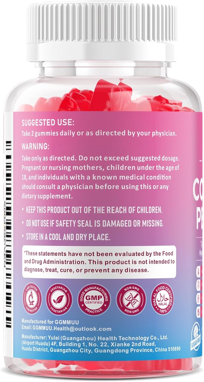 Collagen Peptide Gummies for Women & Men, Collagen Protein Type I,II,III,V,X with Biotin Vitamin C, D, Hydrolyzed Collagen Supplement for Skin, Hair, Nails, Raspberry Flavor, 60 Count