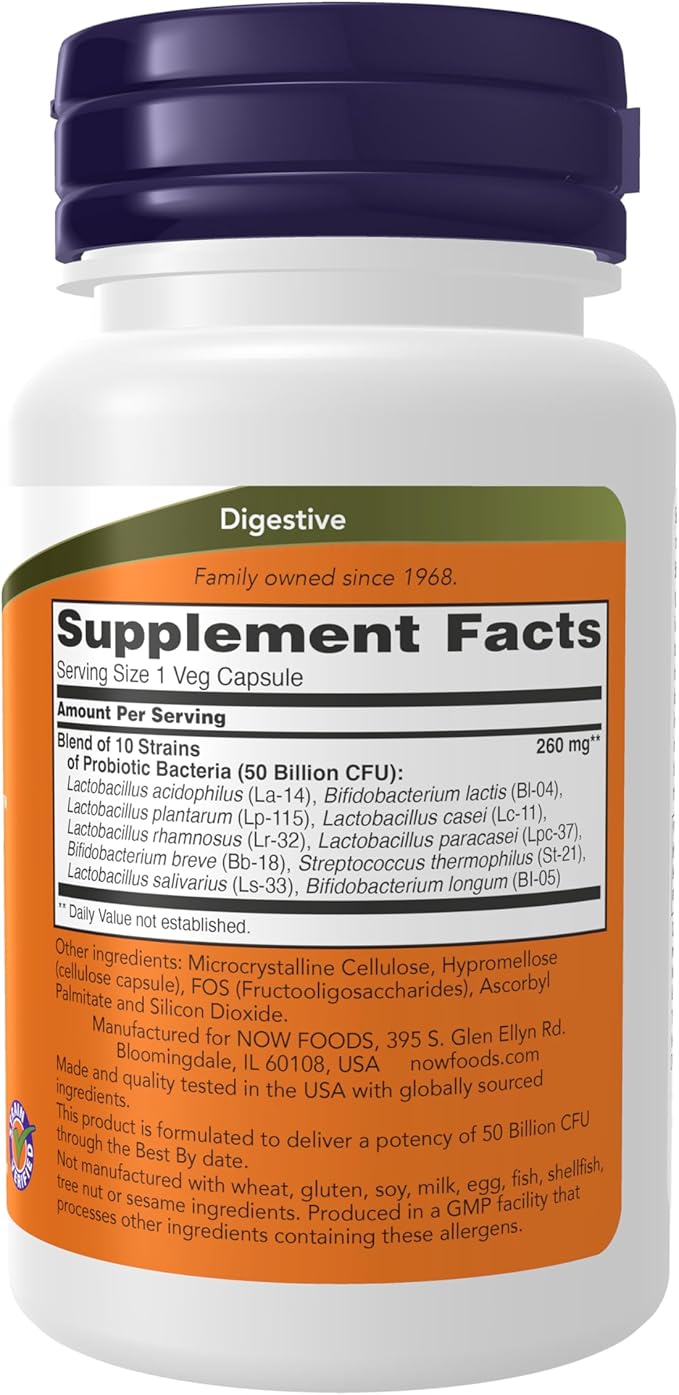 NOW Foods Supplements, Probiotic-10™, 50 Billion, with 10 Probiotic Strains, Strain Verified, 50 Veg Capsules