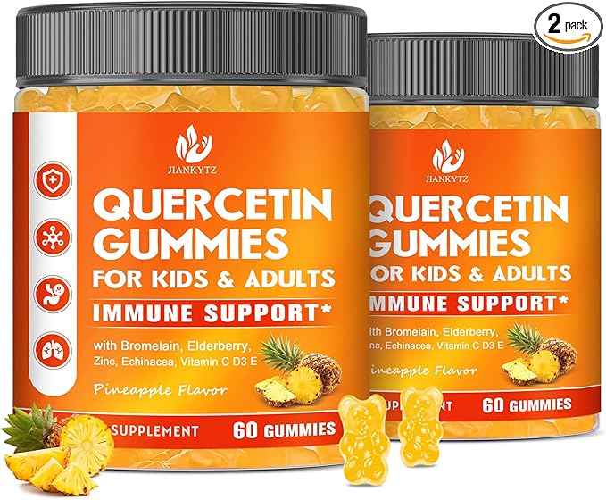 (2 Pack) Sugar Free Quercetin with Bromelain Gummies for Kids & Adult - Immune, Antioxidant, Seasonal Support, 1000mg Quercetin Supplements with Bromelain, Zinc, Elderberry, Vitamin C D3 E, 120 Count