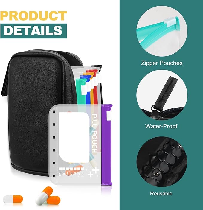 Timueetech A7 Waterproof Pill Organizer with 7 PCS L Size Zippered Pill Pouches for A7 Binder, Large BPA-Free Weekly Medicine Organizer, Color-Coded Reusable Travel Pill Storage System