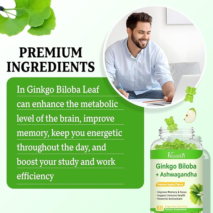 2 Pack Ginkgo Biloba Gummies 240MG with Panax Ginseng for Better Mood and Focus, Booster Brain Health, 120 Vegan Apple Flavor Gummies