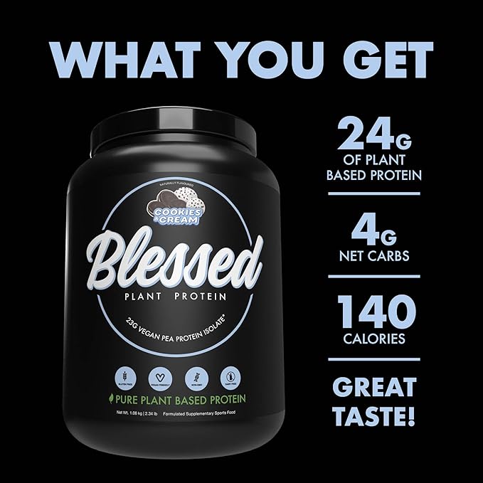 BLESSED Vegan Protein Powder - Plant Based Protein Powder Meal Replacement Protein Shake, 23g of Pea Protein Powder, Dairy Free, Gluten Free, Soy Free, No Sugar Added, 30 Servings (Cookies & Cream)