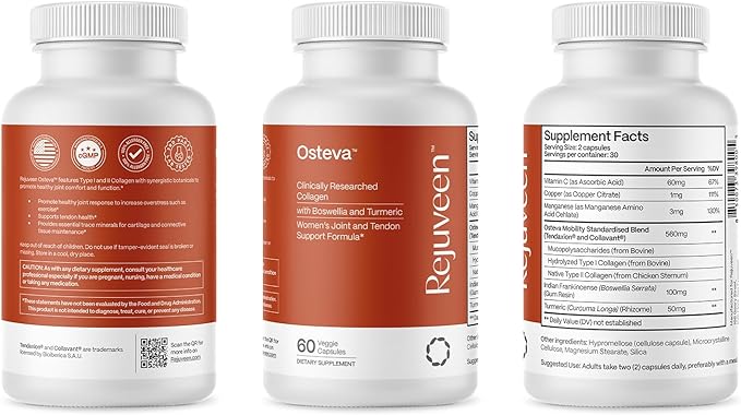 Osteva Joint Support Supplement for Women | High Potency Collagen, Turmeric, Boswellia | for Flexible Cartilage & Tendons, Resilient Knees & Hip, Improved Mobility | Non-GMO, 60 Ct (2 Pack)