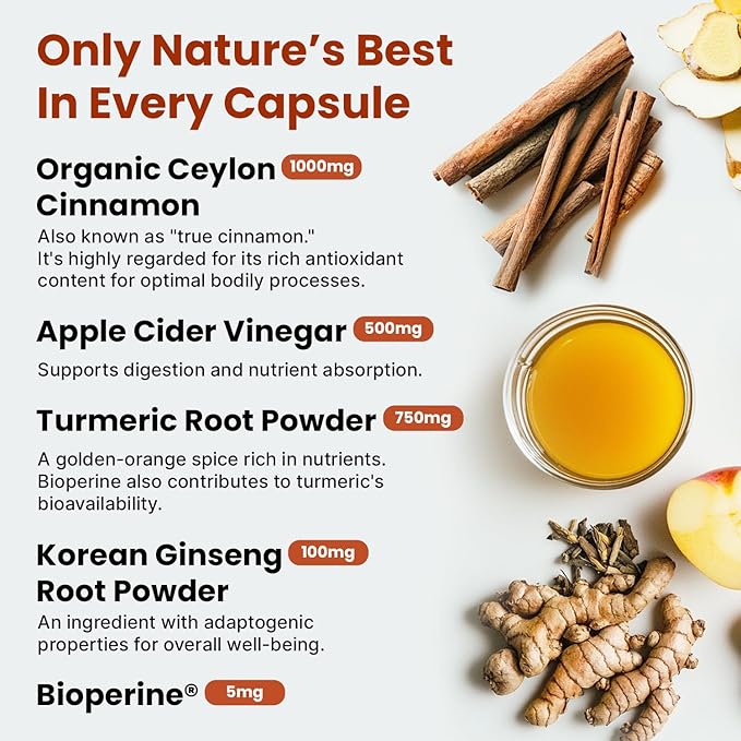 5-in-1 Ceylon Cinnamon Capsules 2355mg - Apple Cider Vinegar Capsules with Turmeric, Panax Ginseng & Bioperine - Cinnamon Supplements for Women & Men - Non-GMO, Vegan, Gluten-Free (120 Ct) (3-Pack)