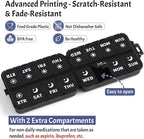 Foldable Weekly Pill Organizer 2 Times a Day with 2 Extra Compartments (Clear Printed Labels) - Portable 7 Day AM PM Medicine Box, Week Daily Travel Pill Case Holder for Vitamin, Supplement - Black